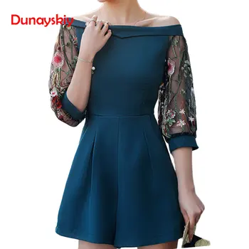 

Women Playsuit 2020 Summer Slash Neck Off Shoulder Mesh Rompers Womens Jumpsuit Three Quarters Sleeve Elegant Floral Romper