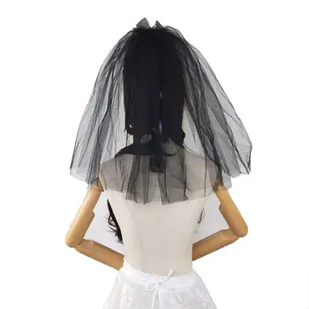 

Womens Lolita Gothic Black Short Wedding Veil 2 Layers Bowknot Bridal Headwear