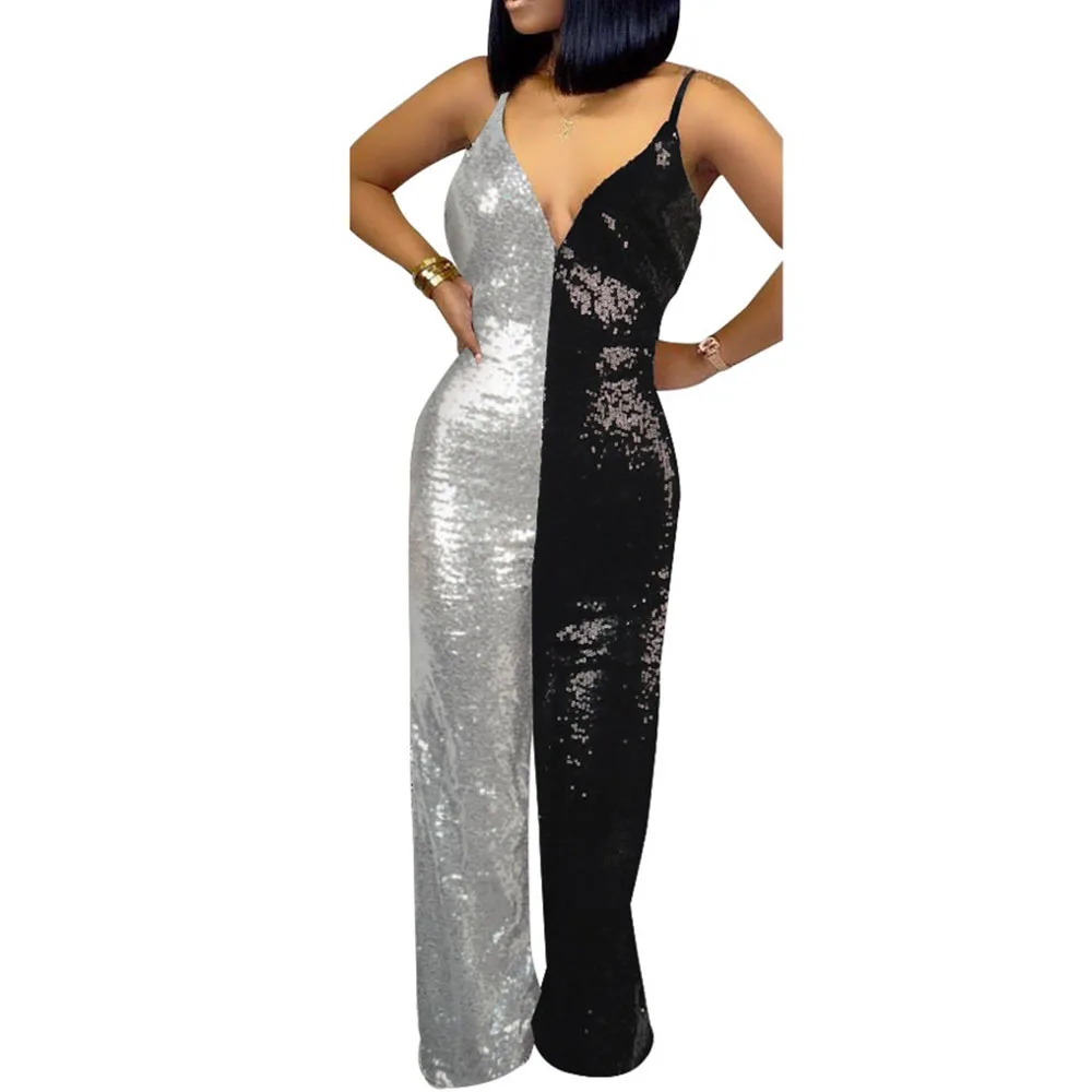 

Jumpsuit Sexy Party Club Women Sequinis Wide Legs Female Jumpsuits Strap Patchwork Black White Long Rompers Jumpsuits 2020
