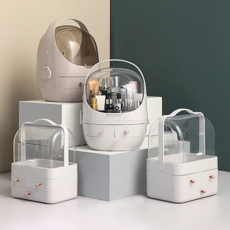 

Cosmetic Organizer Plastic Storage Box Dust Proof Bathroom Make Up Organizer Tabletop Multi-function Skin Care Products Shelf