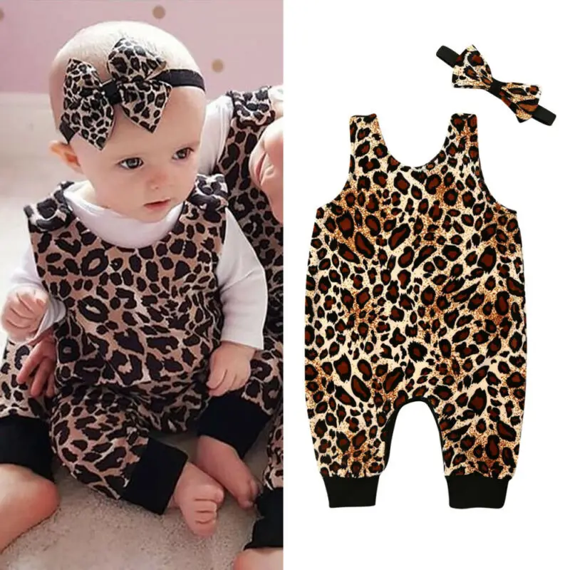 

0-24M Newborn Baby Boy Girl Sleeveless Leopard Loose Romper Jumpsuit Headband 2PCS Outfits Baby Clothes