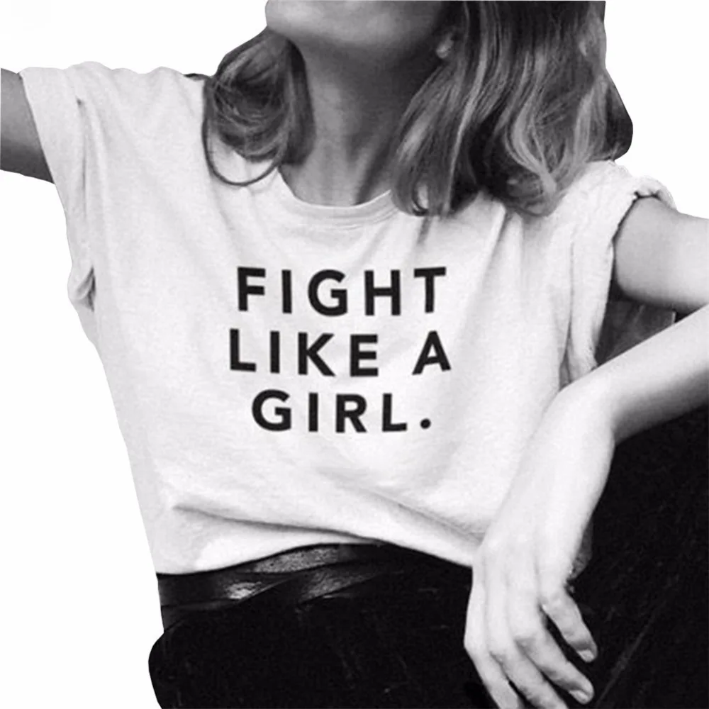 

Black T Shirt FIGHT LIKE A GIRL Printed Femme Tops Pullovers Shirt Short Sleeve Cotton Printed for Women's Clothes