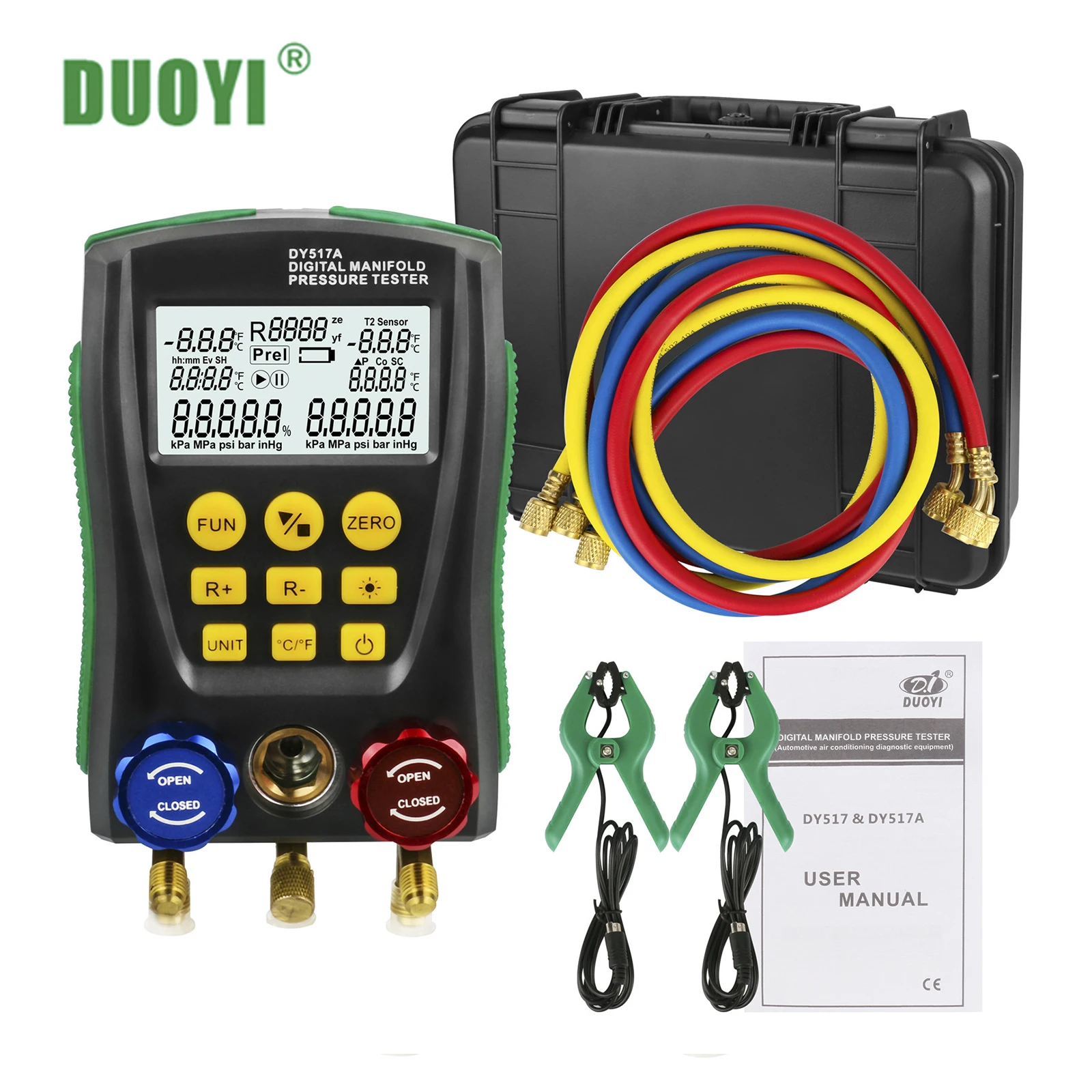 Online DUOYI Refrigeration Digital Manifold Pressure Gauge Set Vacuum Pressure Temperature Meter Testing Air Conditioner PK TESTO 550