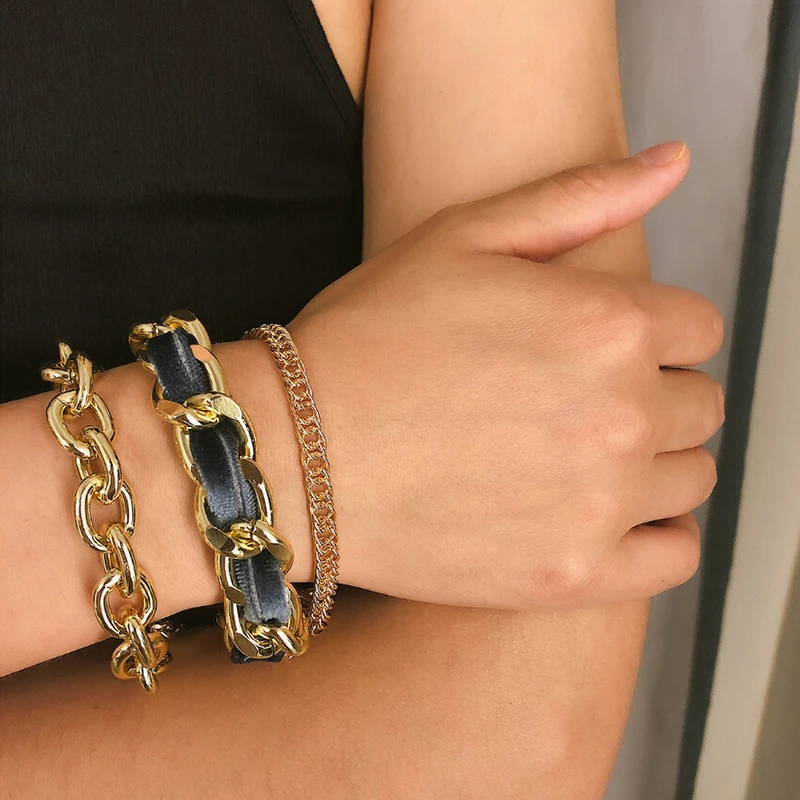 3 шт. модные хип-хоп позолоченные браслеты для женщин панк толстый браслет на цепочке Набор браслетов ручная цепочка Ювелирные изделия