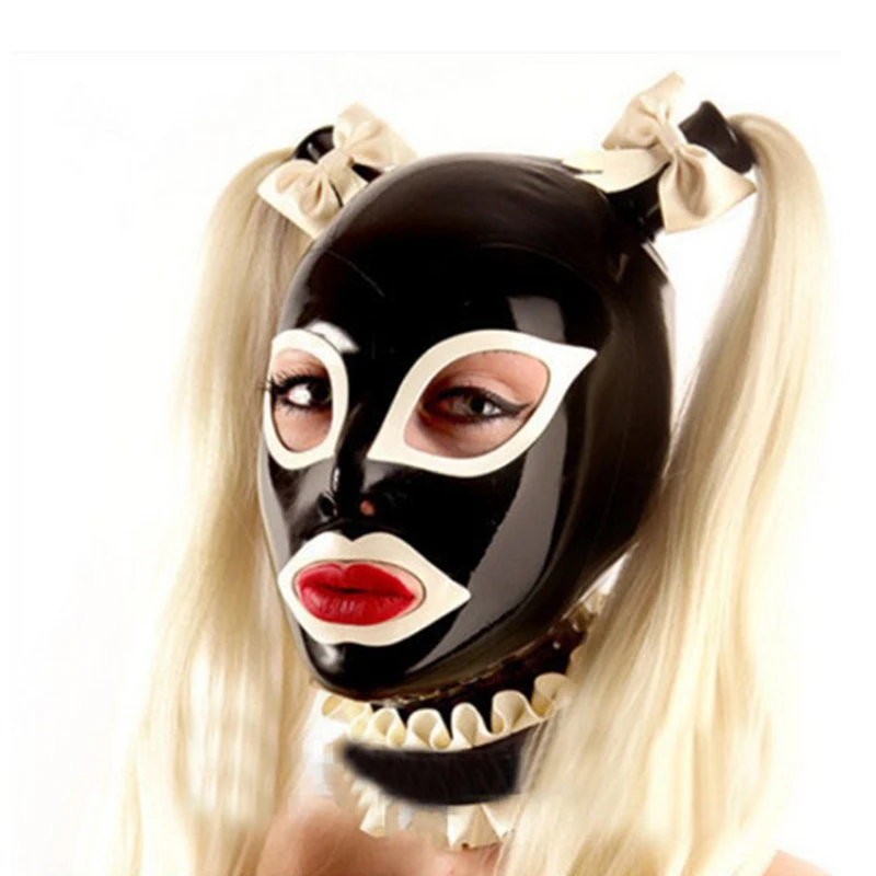 2019 new arrival sexy exotic lingerie black latex rubber purfle mask hoods hood with wig and lacing neck collar with  bows korean style 2022 winter jacket parkas women stand collar solid black white female hood coat loose oversized womens short parka
