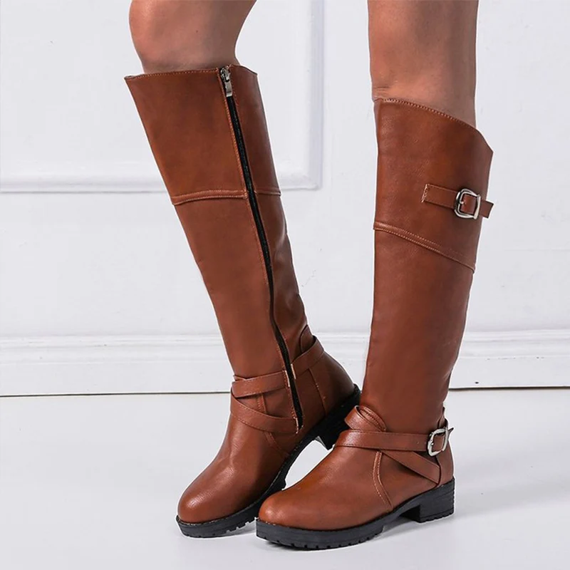 Autumn Shoes Women Knee High Boots Female Buckle Strap Platform Black PU Low Heels Motorcycle Boots Zip Ladies Classic Footwear