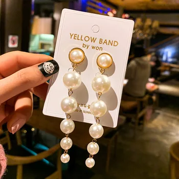 

925 Silver Europe And America Fashion Exaggeration Pearl Long Tassel Earring Elegant High Grade Sense Earrings Versatile Ear Stu