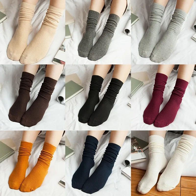 

Japanese Style High School Girls High Socks Loose Solid Colors Double Needles Knitting Cotton Long Socks Women