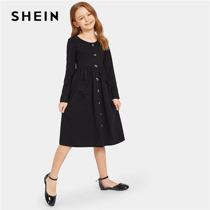 SHEIN Kiddie/черное однотонное плиссированное платье с одной пуговицей спереди для девочек г. Осенние повседневные миди-платья с длинными рукавами и двойным карманом