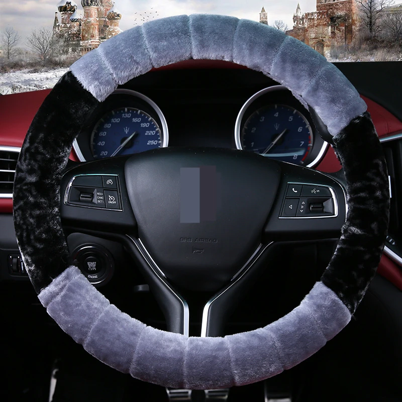 

38cm Winter Warm Car Steering Wheel Two-Color Plush Anti-Slip Protective Cover Holder Steering Cover Car Interior Accessories