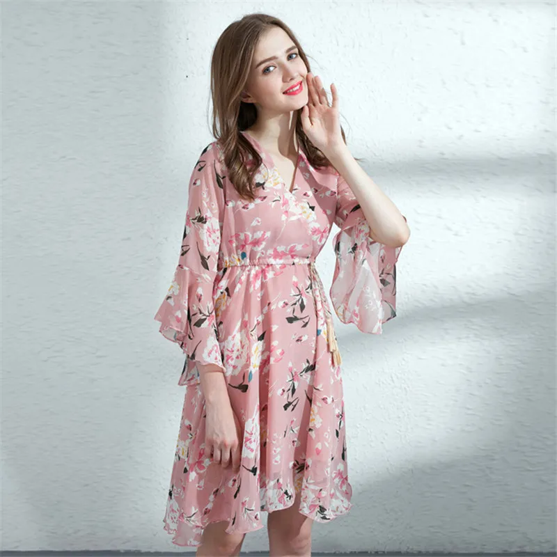 Romantic Women Knitted Pink Party Dress 2021 Summer Cool V Neck Ruffle Cuff Elegant Chiffon Sashes Ladies Dresses | Женская одежда