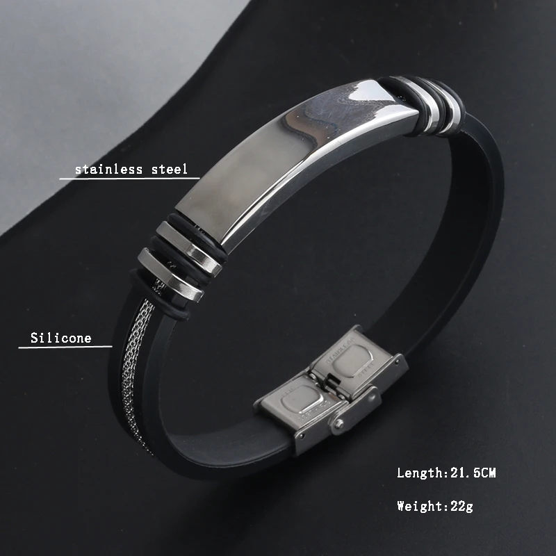 Bracelet Jewelry Trend Smooth Glossy Stainless Steel Metal Men's Bracelet Classical Black Silicone Grooved Braided Chain Bracelet