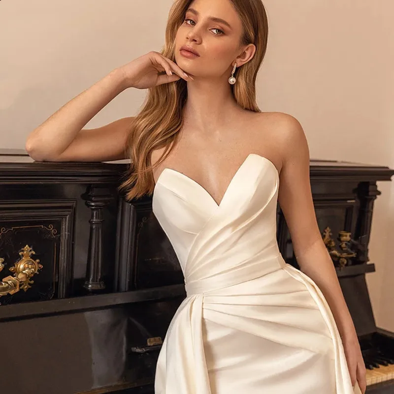 beach wedding dresses Elegant Satin Mermaid Wedding Dress Detachable Train Off Shoulder 2022 Bridal Gown Sexy V-Neck Wedding Gown Robe De Mariée short wedding dresses