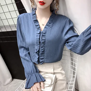 

COIGARSAM Fashion Loose Shirt Womens tops Spring V-Neck Women shirts White Blue Black 6158