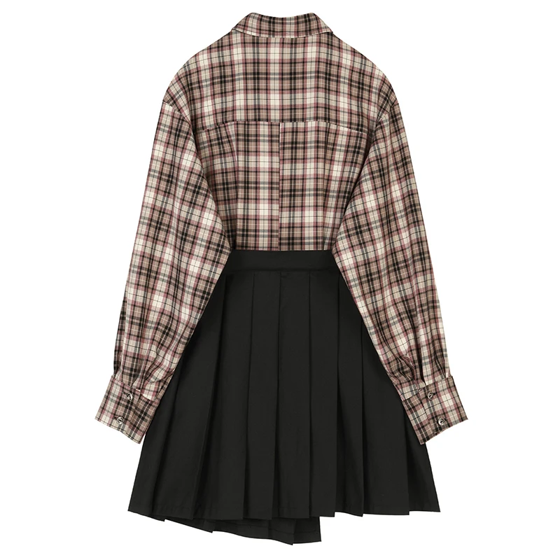 [EAM] женское клетчатое Плиссированное Платье-рубашка с разрезом, новинка, с отворотом, с длинным рукавом, свободный крой, мода, весна-осень, 1B430
