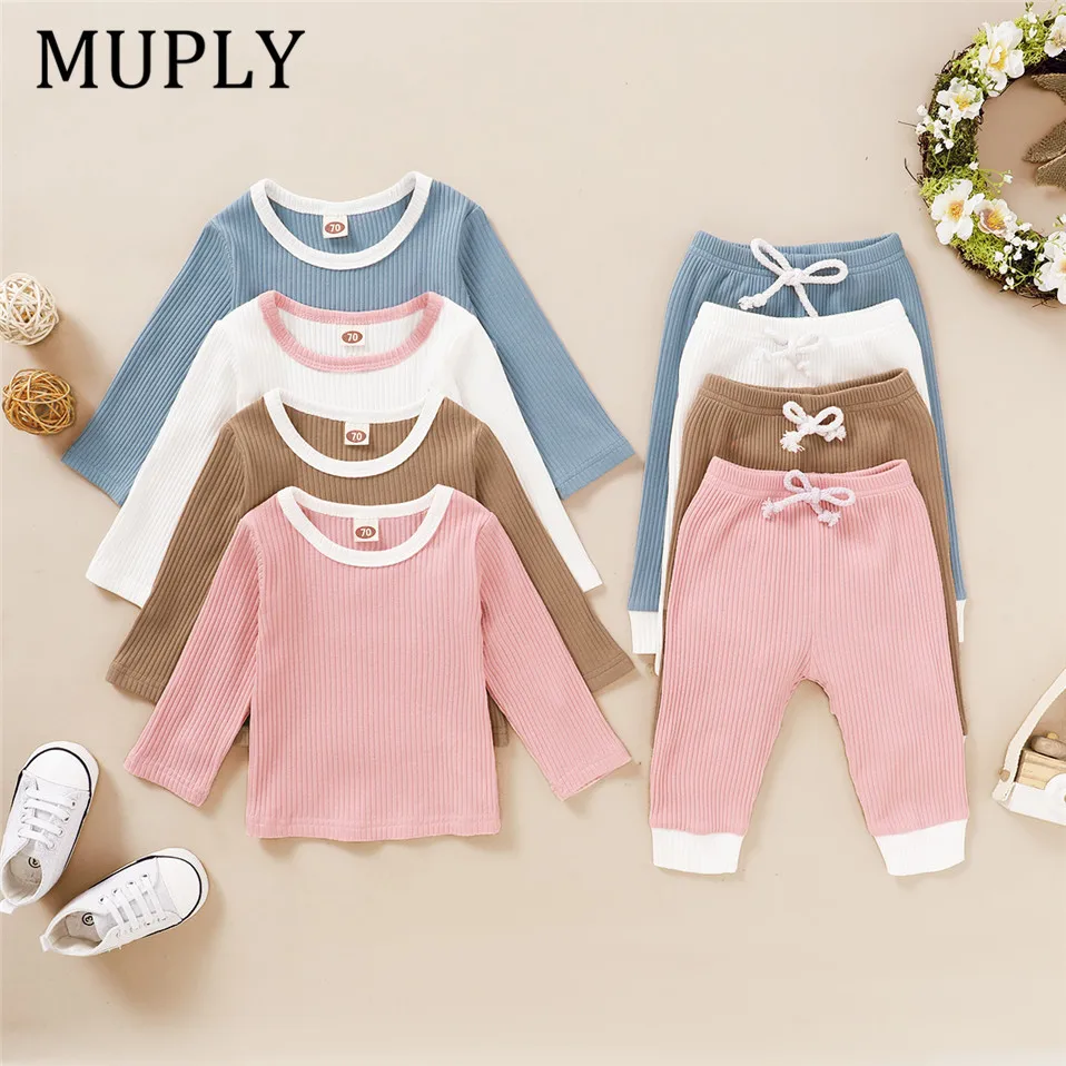 

2020 Autumn Winter 2pcs/set Long Sleeve Romper+Striped Pants For New Born Baby Boy Girls Clothes Cotton Infant Jumpsuits Se