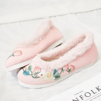 

Women Round Toe Canvas Embroidery Floral Rabbit Hanfu Chinese Style Flats Loafer Slip On Fleece Warm Winter Shoes Lolita White