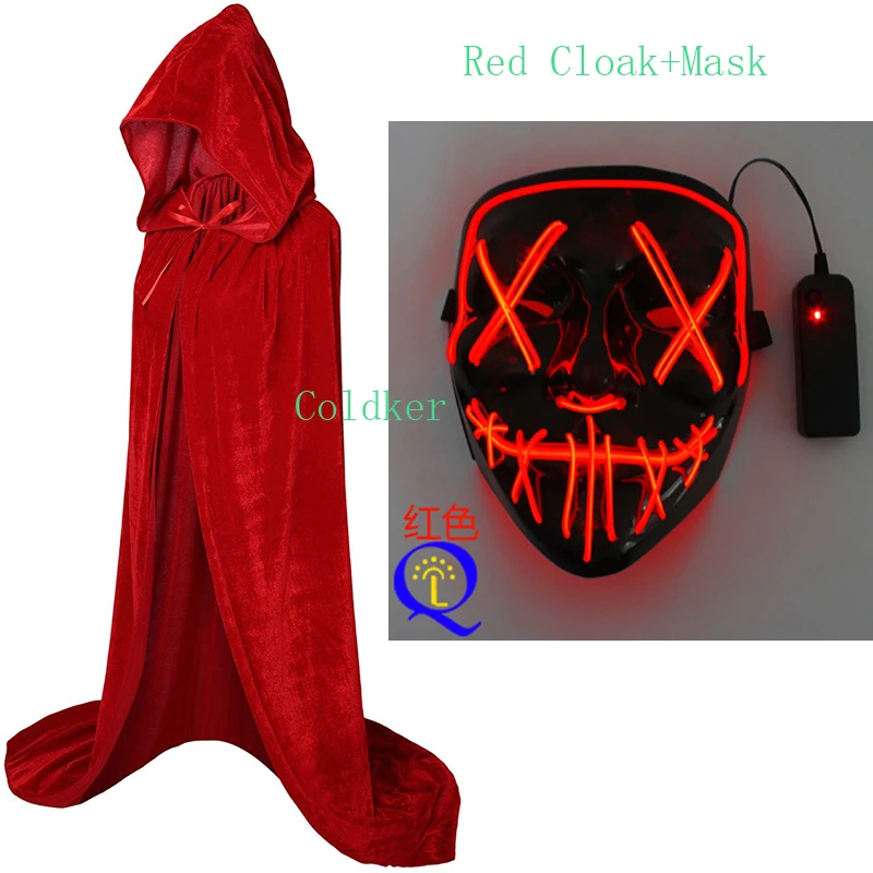 Red cloak mask Карнавальный костюм для Хэллоуина, длинный плащ с капюшоном, накидка для рождественской вечеринки, модная маска, светодиодный свет, Вечерние Маски - Цвет: Red cloak mask
