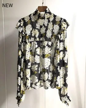 

100% Silk Women Hydrangea Floral Print Long Sleeve High Neck Autumn Ruffle Blouse Top