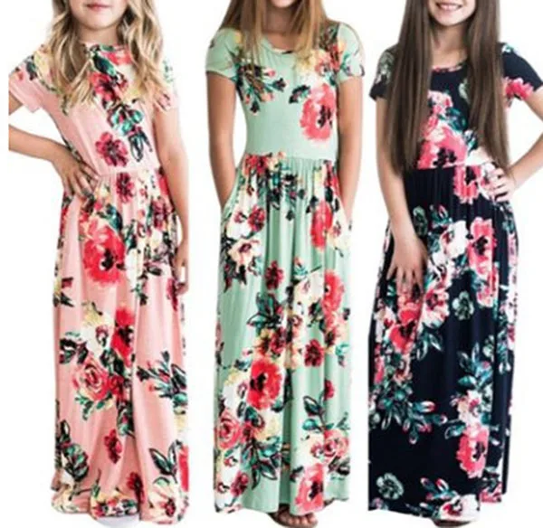 1-10Yrs Summer Baby Girls Bohemian Long Printing Birthday Party Maxi Dress with Pocket Floral Casual Children Girls Beach Dress
