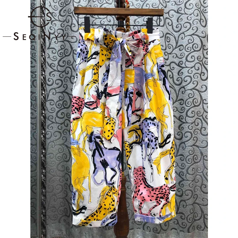 

SEQINYY Loose Pants 2020 Summer Spring New Fashion Design Elastic Waist Belt Art Cartoon Animals Print 100% Cotton Pants