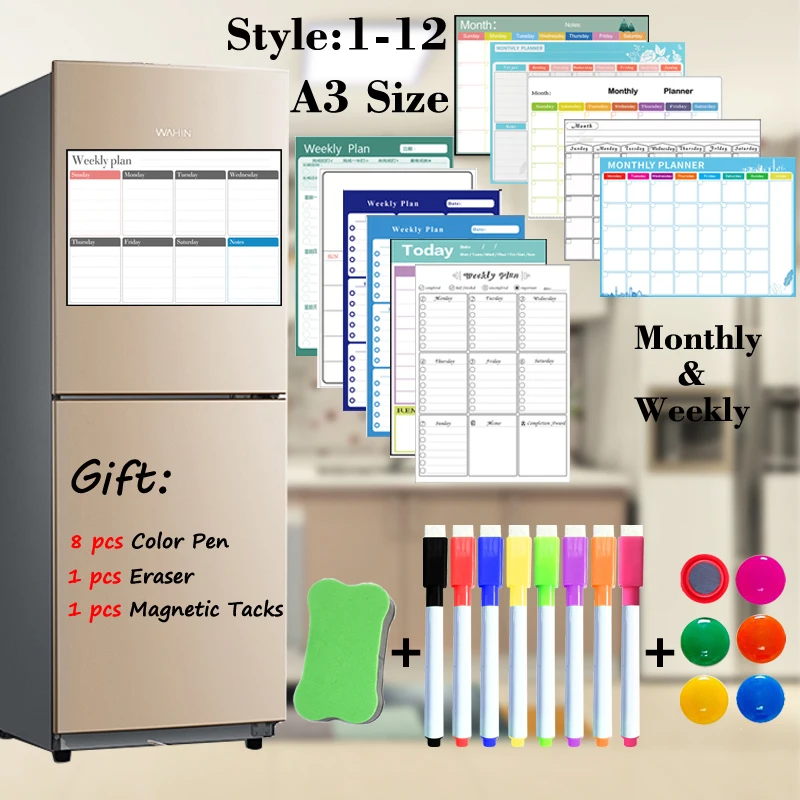 A3 Size Monthly Weekly Planner Magnetic Calendar Table Dry Erase Whiteboard Schedules for School Office Kitchen Recipe Plan |