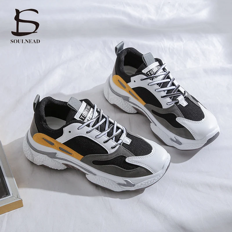 Spring New Wild Dad Shoes Comfortable Trend Casual Running Shoes Pu Mesh Thick Bottom Increased Non-Slip Wear-Resistant Sneakers