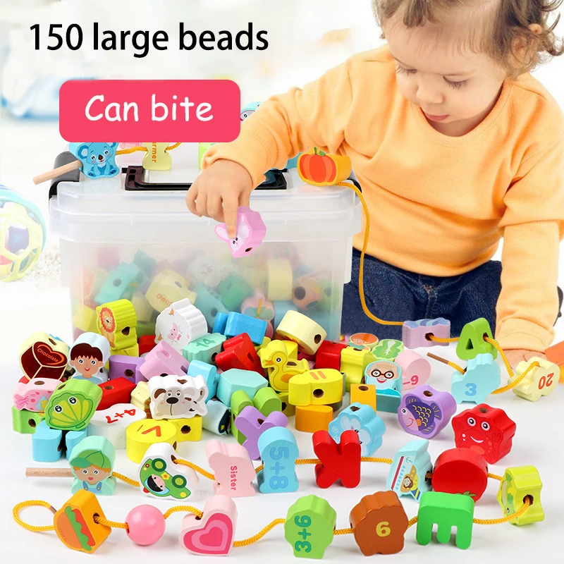 Early childhood education wooden color building blocks english alphanumeric animals vegetables beaded children toys