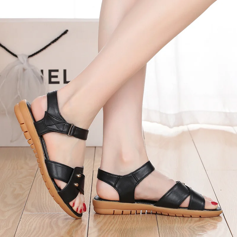 

Odd Odd Summer New Style Mom Shoes Soft Surface Cowhide Flat Heel Tendon Soft-Sole Large Size Middle-aged WOMEN'S Leather Sandal