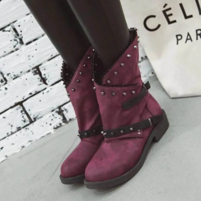 Ceny 2019 buty damskie jesienne buty zimowe kobieta połowy łydki okrągłe Toe buty damskie na niskim obcasie nit fajne buty motocyklowe nit