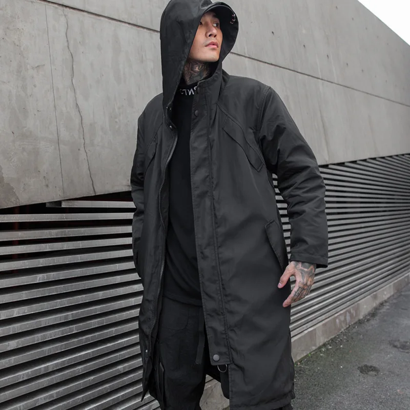 

Male Streetwear Hip Hop Punk Windbreaker Casual Jacket Overcoat Outerwear Men Autumn Winter Long Hooded Trench Coat