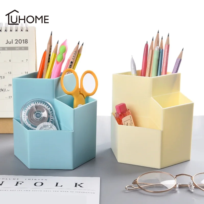 

Multi-function 3 Grid Hexagonal Pen Holder Office School Desktop Storage Case Plastic Box Desk Pen Pencil Makeup Brush Organizer