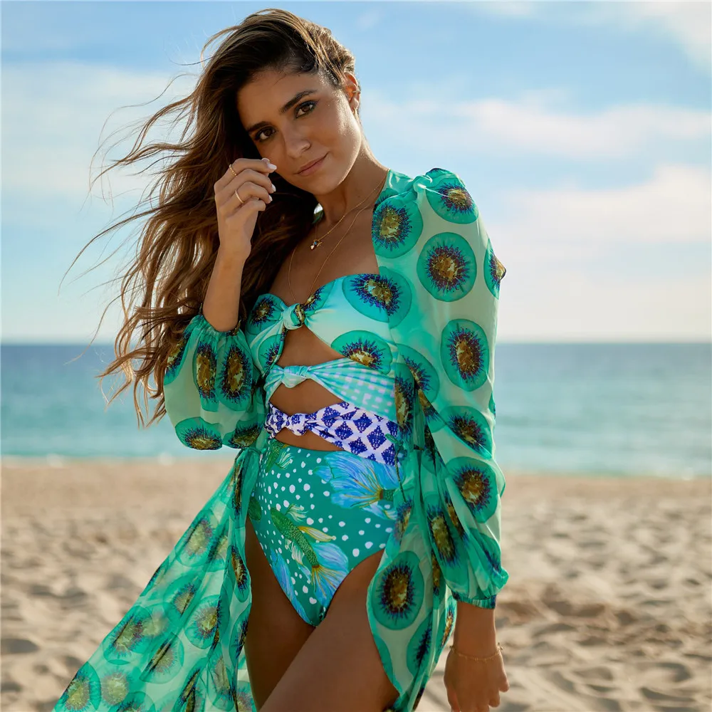 V-Neck One Piece Swimsuit Sexy Floral Print Swimwear Women Beach Cover Up Bathing Suit Beachwear