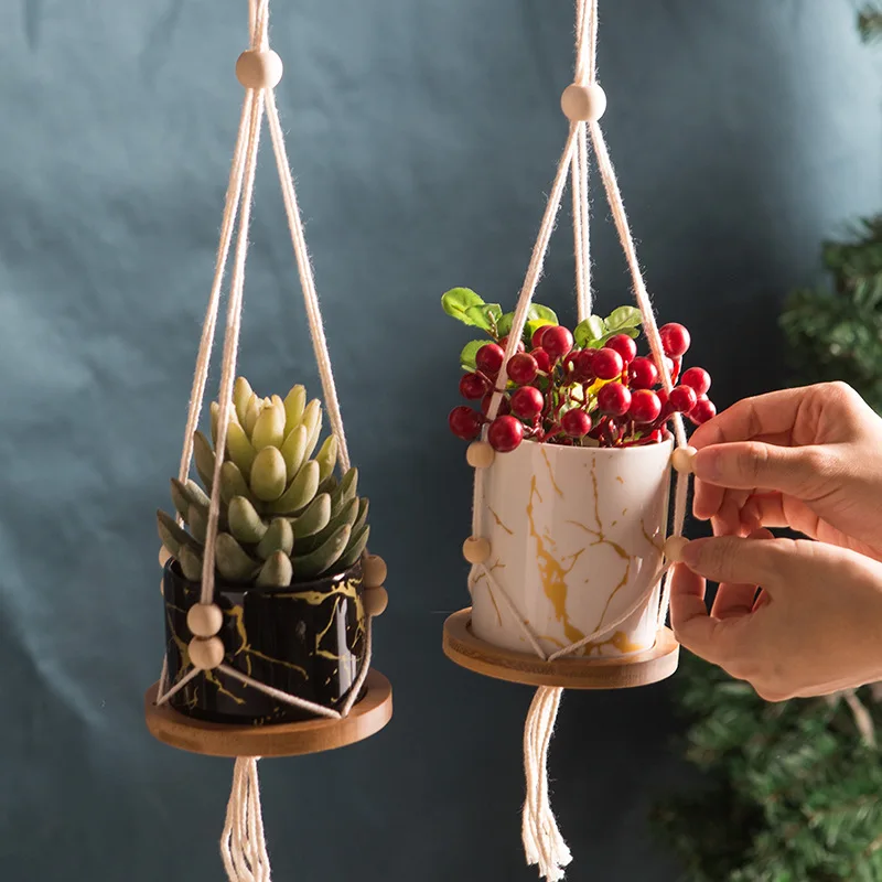 

Marble Hanging Handmade Macrame Flower Pots Simple Planter Wall Decor Courtyard Home Garden Hanging Basket