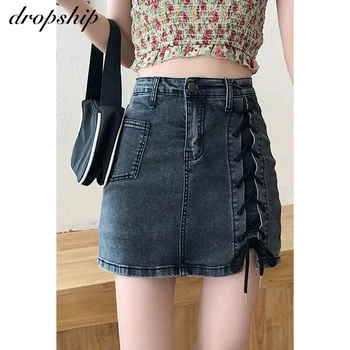 

Lace Up Jean Skirt Blue Short Denim Skirts Casual Summer Zipper Woman Skirts 2020 High Waist Black Kawaii Mini Pencil Skirt