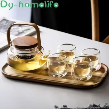 

6-piece Creative Transparent High Borosilicate Glass Tea Set Household with Acacia Wood Tray Heat-resistant Glass Tea Pot Set