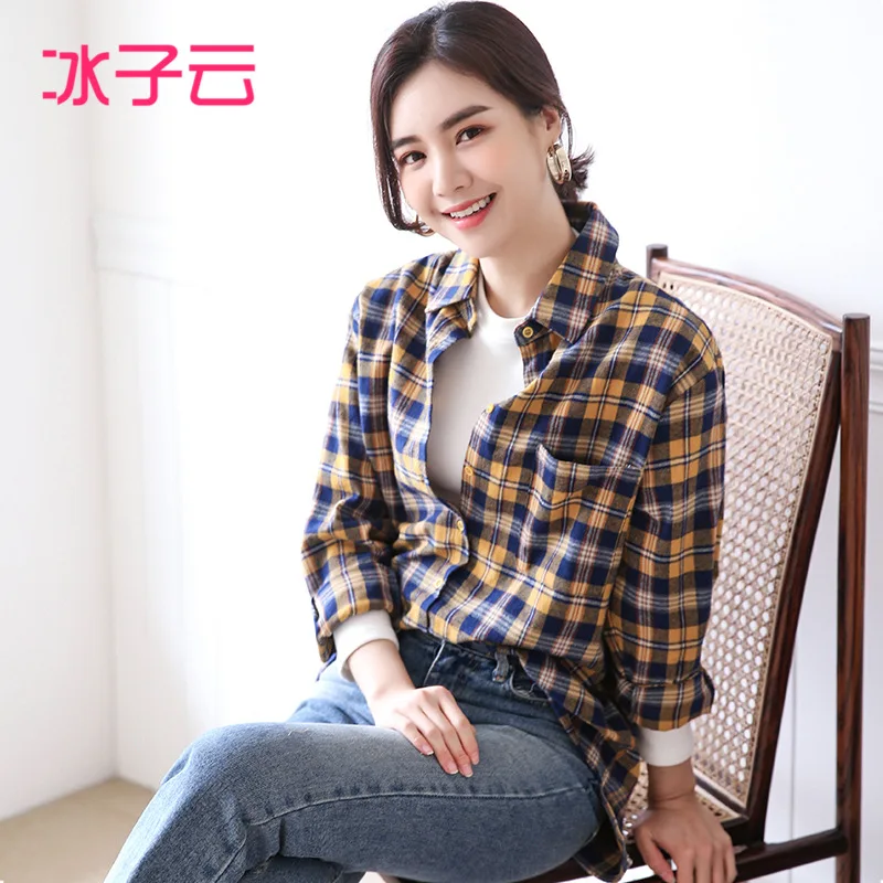 

Large Size Dress New Style Brushed Plaid Shirt 2020 Spring Pure Cotton Loose Tops Western Style Versatile Korean-Style Shirt