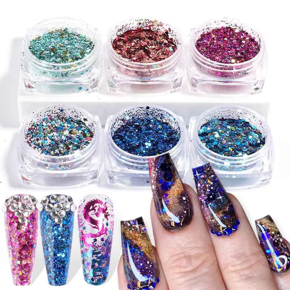 

6 Bottles/set of Laser Irregular Hexagonal Sequins Colored Sugar Powder Mix Acrylic Nail Powder Set DIY Nail Art Decoration 1539