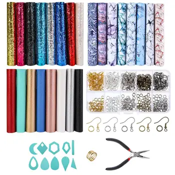 

Set Solid/Marbling/Sequined Faux Leather Sheets With Fish Earring Hooks Jump-Rings Tools Cut Molds For Earring Making Crafts