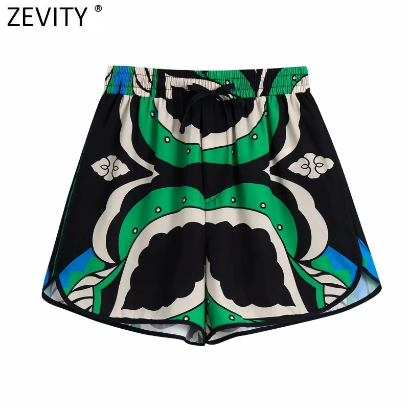 Zevity Women Vintage Contrast Tropical Leaves Print Hot Bermuda Shorts Female Chic Lace Up Elastic Waist Pantalone Cortos P1147