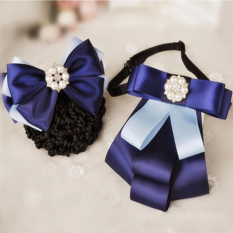 Office Lady Rhinestone Pearl Garland Fashion Bow Barrette Hair Clip Cover Bowknot Net Bun Snood Bow tie hair accessory two-piece