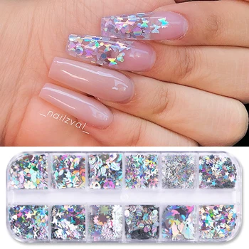 

12 Squares Nail Sequins Colorful Flakes Holographics Butterfly Nail Glitter Powder DIY Nail Art Decorations