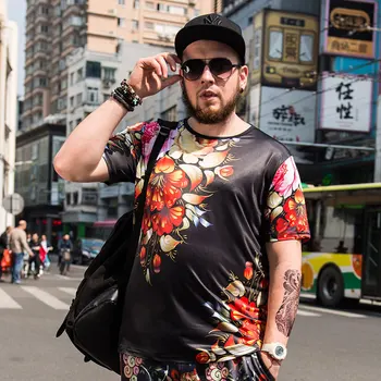 

Summer street hip-hop plus size men's loose t-shirt floral short sleeves plus fat increase fat