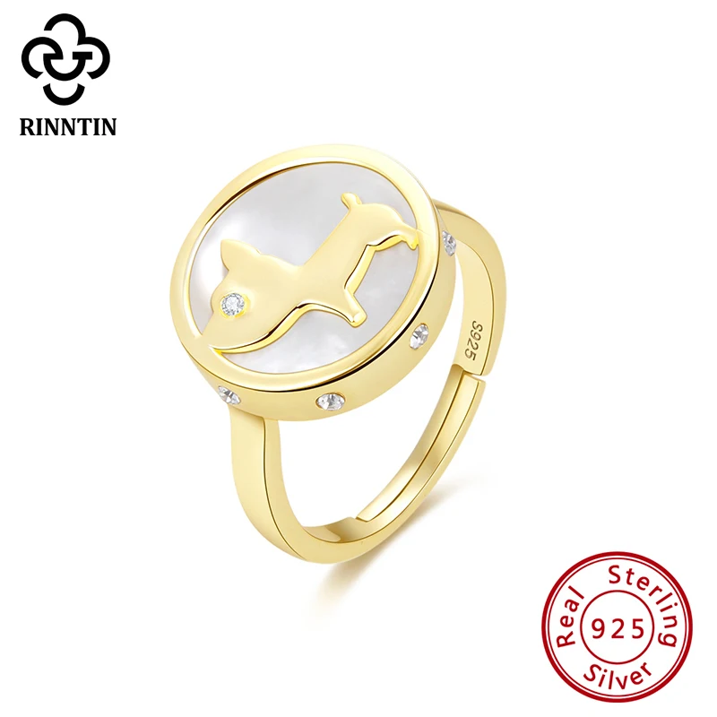 Rinntin 925 пробы Серебряное кольцо в форме щенка перламутровое Двухслойное