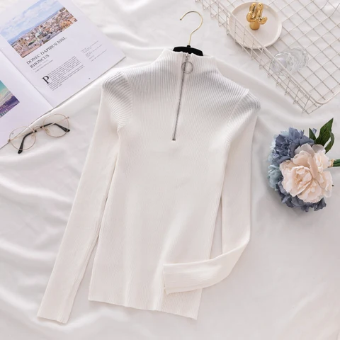 Casual Front Zipper Knitted Sweater Long Sleeve Stand Collar Solid Warm Slim Pullover 2021 Winter New Fashion Women Tops