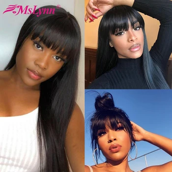 

Lace Front Human Hair Wigs With Bangs Straight Lace Front Wig Pre-Plucked With Bangs Brazilian Remy Wig For Black Women