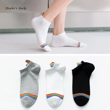 

New Fashion Women Socks Cotton Color Rainbow Striped Buckle Harajuku Cool Casual Funny Happy College Style Cute Girl Ankle Socks