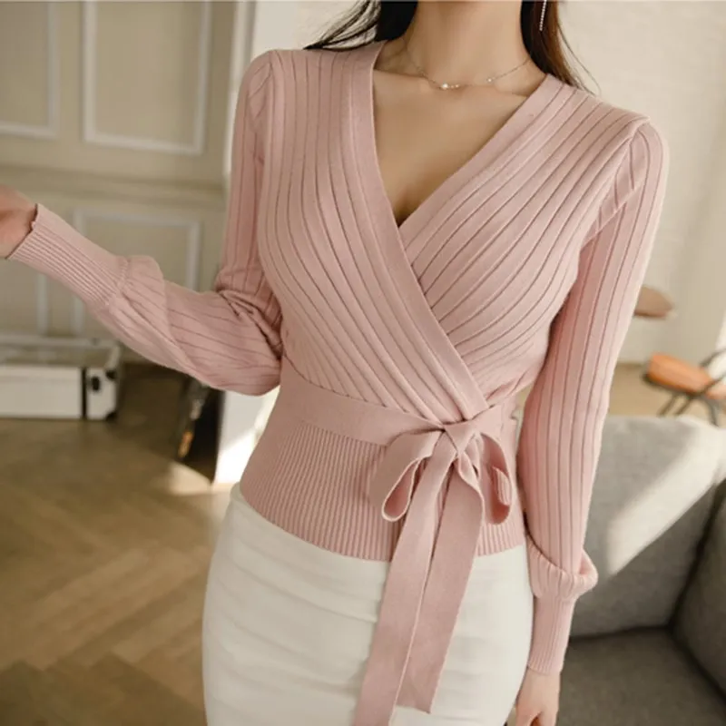 

Elegant Pink V Neck Long Sleeve Up Wrap Sweater Pullovers Women 2019 Spring Fall Black Knitted Jumper Ladies Tops