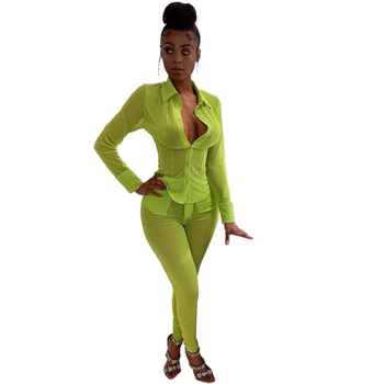 

Neon Green Mesh Sexy Two Piece Set Top and Pants Suit Summer Women Jacket and Pants Set Bodycon 2 Piece Matching Set Club Outfit