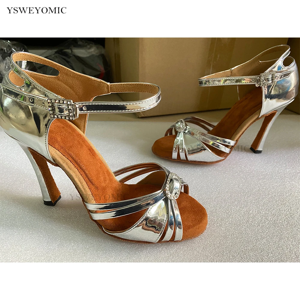 Silver PU leather Women Latin Dance Shoes Cuban Heel Latin Salsa Ballroom Tango Classic Dance Shoes Girls Dancing Shoe